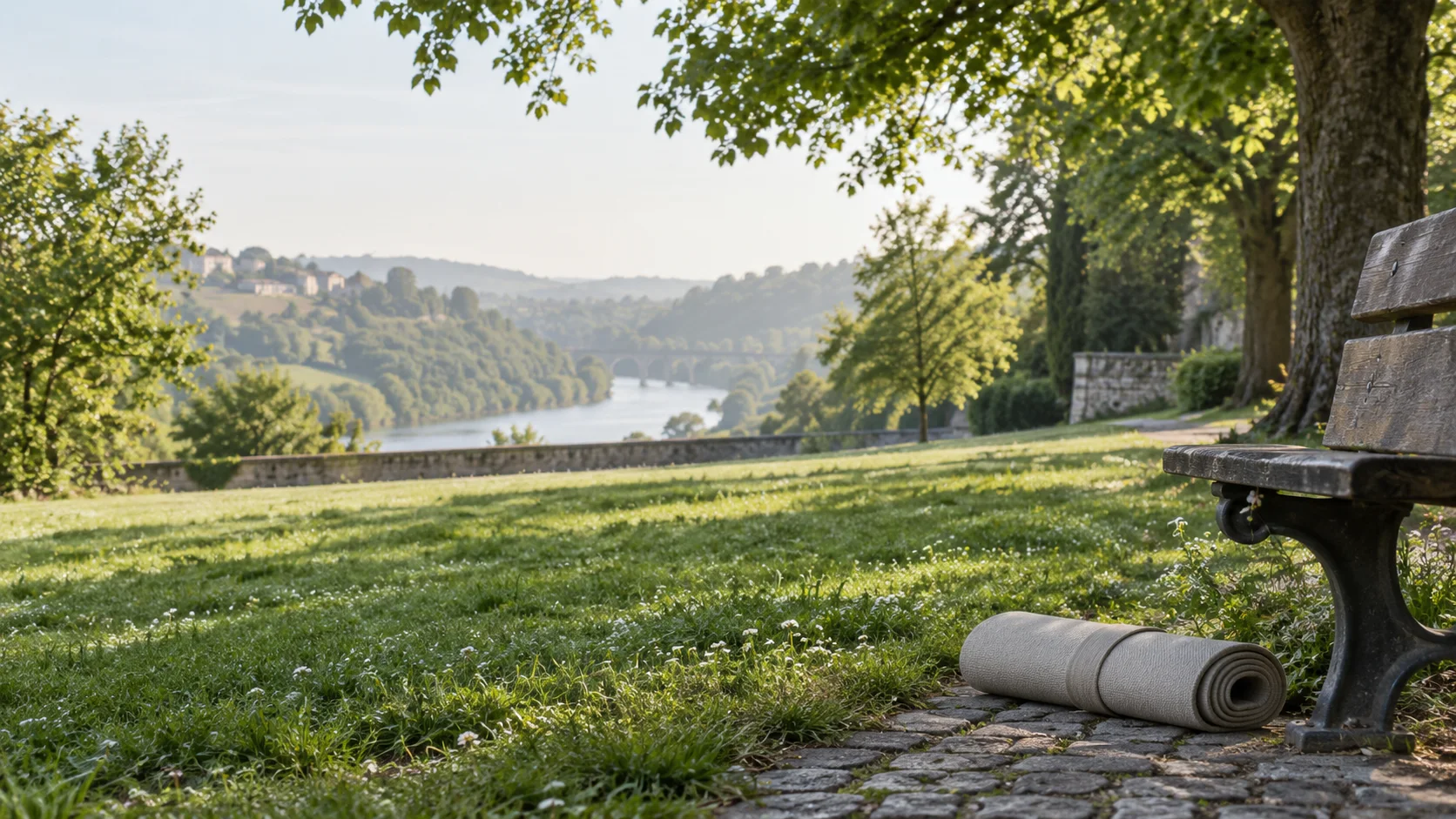 Open lawn and mature trees beside a quiet river.